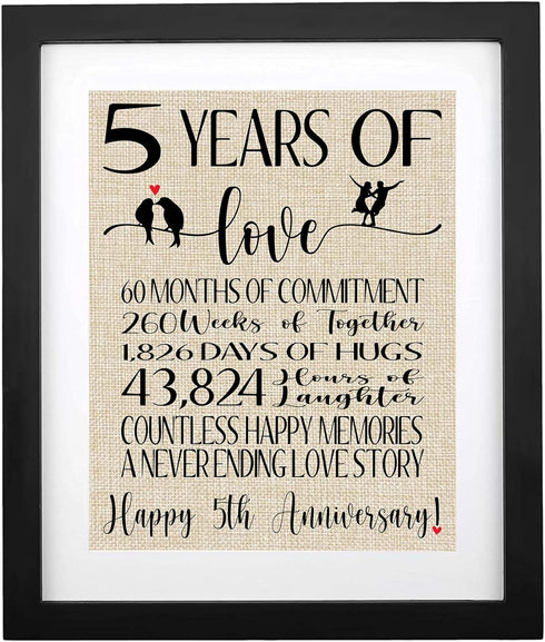5 Years of Love Burlap Print with Frame